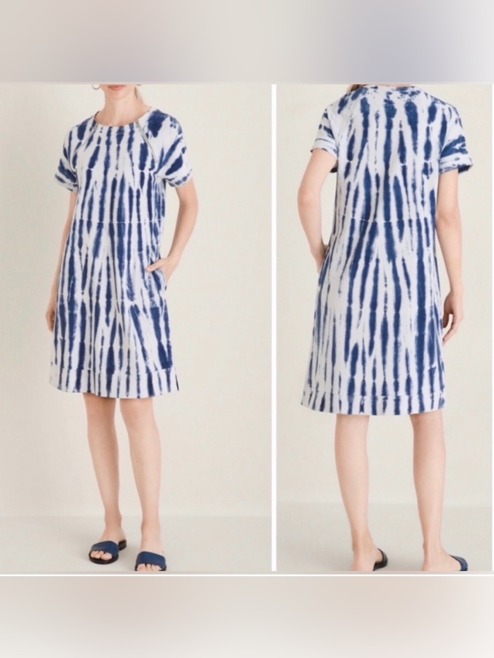 Chicos Zenergy Tie-Dye Short Sleeve Shift Dress - Navy on White, size 2